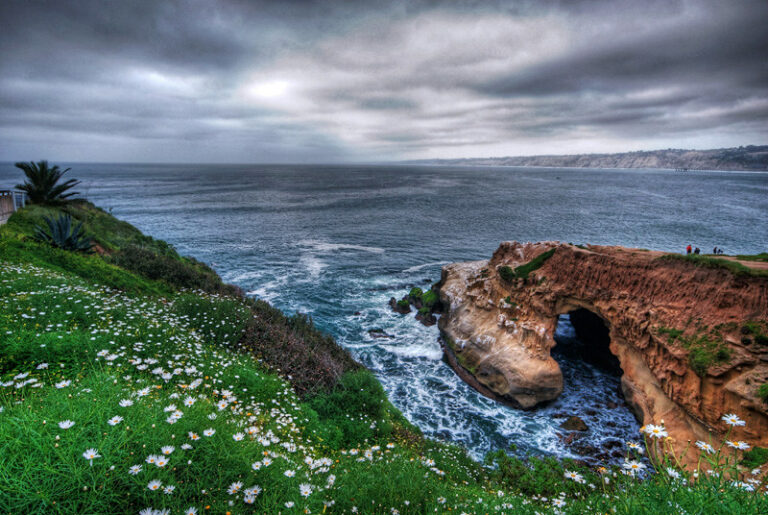 La Jolla Cove beach from seacliff on a cloudy day in San Diego.