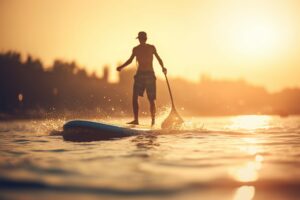 Picture of a person doing a water sport, such as surfing or paddleboarding, World health day, bokeh Generative AI