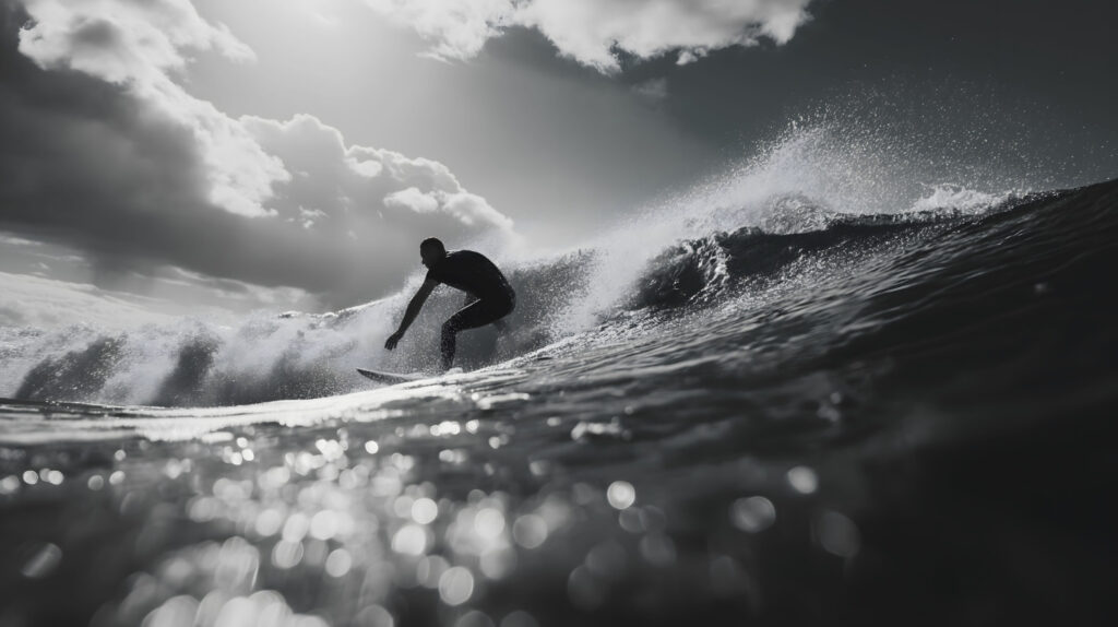 Man surfing in black and white image