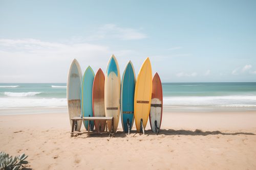 Different surf boards in stack on sandy tropical beach. Outdoors. Sunny days. Surf boards for beginner and advanced.
